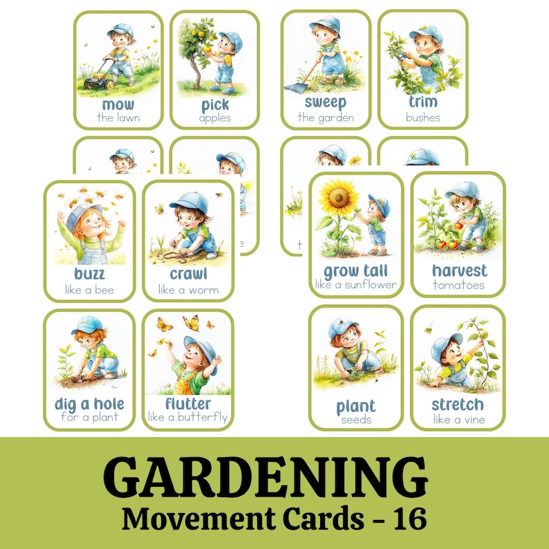 Puede incluir: Un conjunto de 16 tarjetas ilustradas coloridas que muestran a ni&ntilde;os realizando diversas actividades de jardiner&iacute;a. Cada tarjeta tiene una palabra y una breve descripci&oacute;n, como "cortar el c&eacute;sped", "recoger manzanas", "barrer el jard&iacute;n", "podar los arbustos", "zumbar como una abeja", "arrastrarse como un gusano", "crecer alto como un girasol", "cosechar tomates", "cavar un agujero para una planta", "aletear como una mariposa", "plantar semillas", y "estirarse como una vid".
