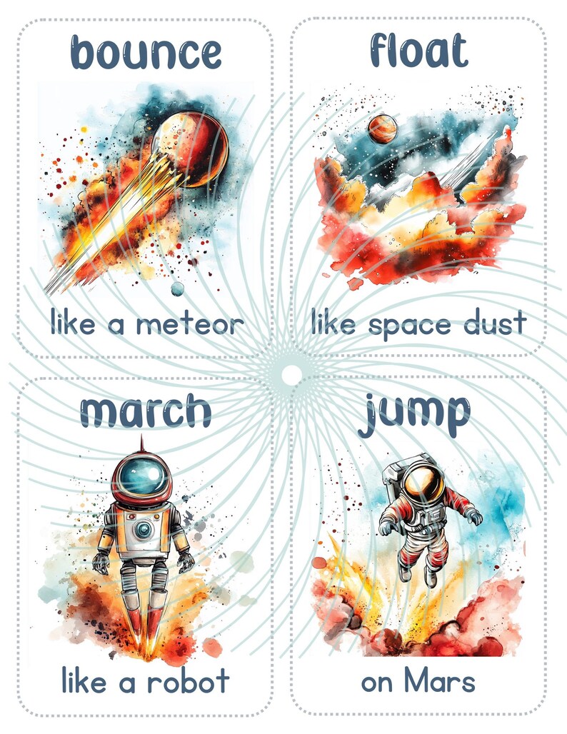 May include: Four colourful cards with space-themed illustrations and words describing movement. The cards show a meteor, space dust, a robot, and an astronaut. The words on the cards are "bounce", "float", "march", and "jump".
