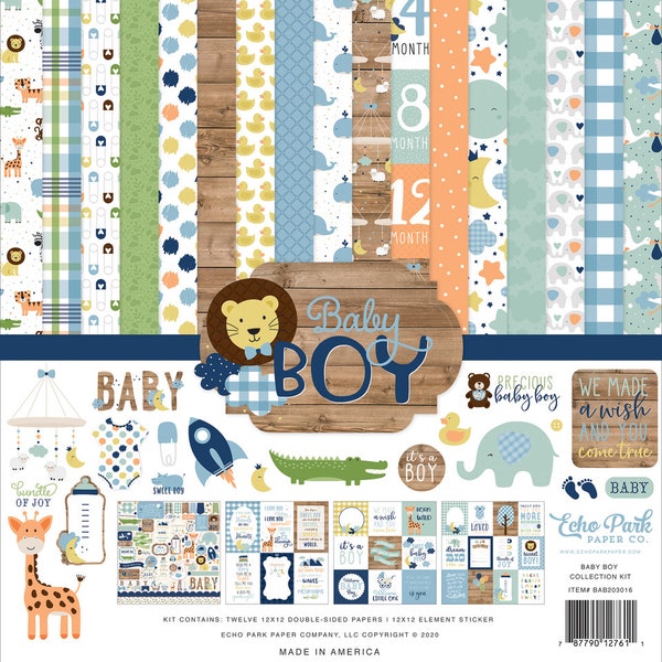 Echo Park BABY BOY Collection Kit 12 x 12 papers with 12 x 12 sticker page