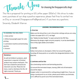 May include: A printable instruction sheet for assembling a craft project. The sheet includes a list of materials needed, assembly recommendations, and a disclaimer. The text includes the phrase "Fine Paper Crafts" and the email address "finepapercrafts@gmail.com".