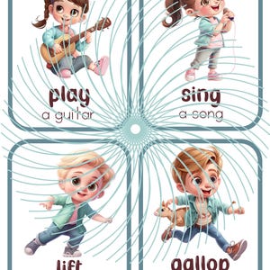 May include: Four illustrated cards with children performing actions. The first card shows a girl playing a guitar with the text "play a guitar". The second card shows a girl singing with the text "sing a song". The third card shows a boy lifting his right foot with the text "lift your right foot". The fourth card shows a boy galloping with the text "gallop like a horse".