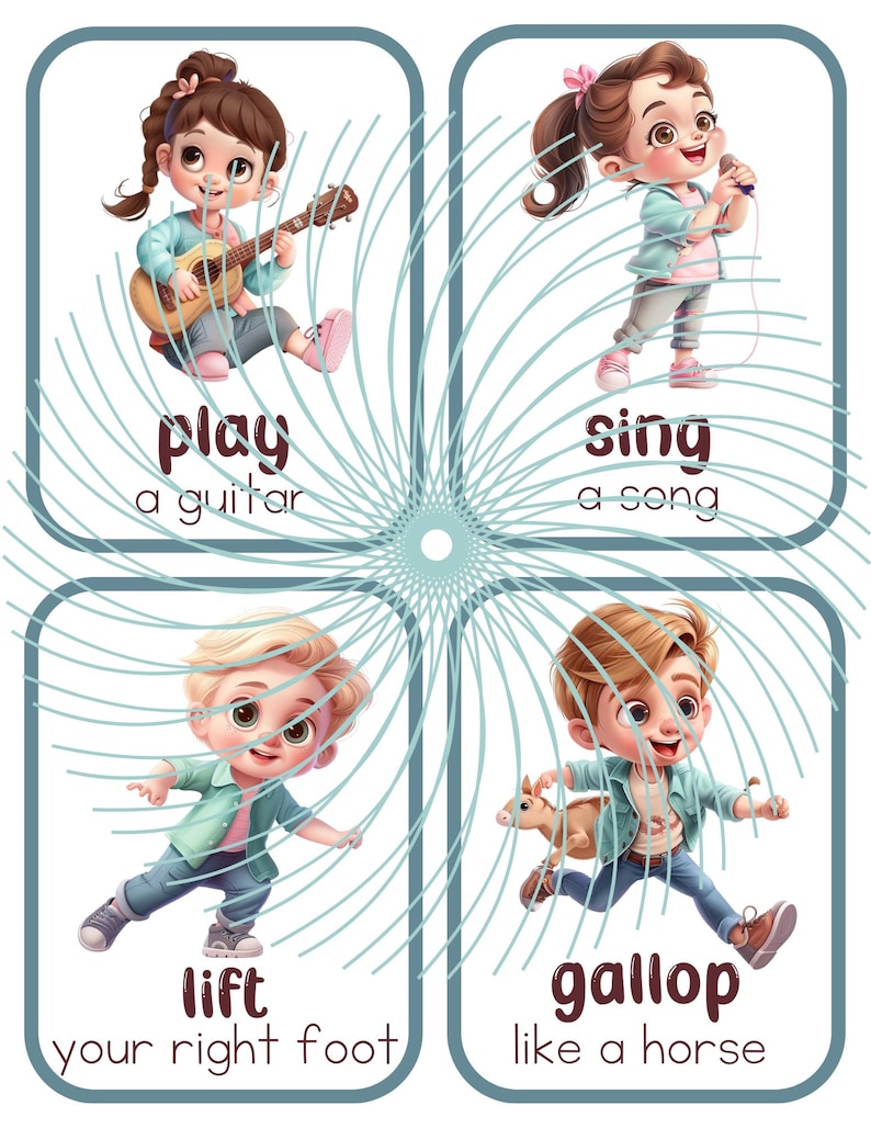May include: Four illustrated cards with children performing actions. The first card shows a girl playing a guitar with the text "play a guitar". The second card shows a girl singing with the text "sing a song". The third card shows a boy lifting his right foot with the text "lift your right foot". The fourth card shows a boy galloping with the text "gallop like a horse".