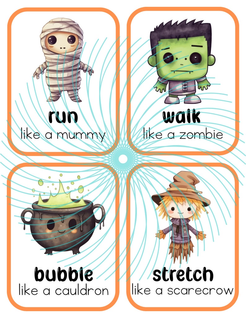 Puede incluir: Cuatro tarjetas ilustradas con temas de Halloween. Cada tarjeta tiene una palabra de acci&oacute;n diferente y una descripci&oacute;n de c&oacute;mo moverse como ese objeto. La primera tarjeta muestra una momia y dice "corre como una momia". La segunda tarjeta muestra un zombi y dice "camina como un zombi". La tercera tarjeta muestra un caldero y dice "haz burbujas como un caldero". La cuarta tarjeta muestra un espantap&aacute;jaros y dice "estira como un espantap&aacute;jaros".