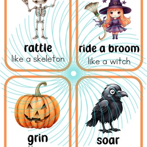 Puede incluir: Cuatro tarjetas ilustradas con temas de Halloween. La primera tarjeta muestra un esqueleto que se sacude, la segunda tarjeta muestra una bruja montando una escoba, la tercera tarjeta muestra una calabaza sonriendo y la cuarta tarjeta muestra un cuervo volando.