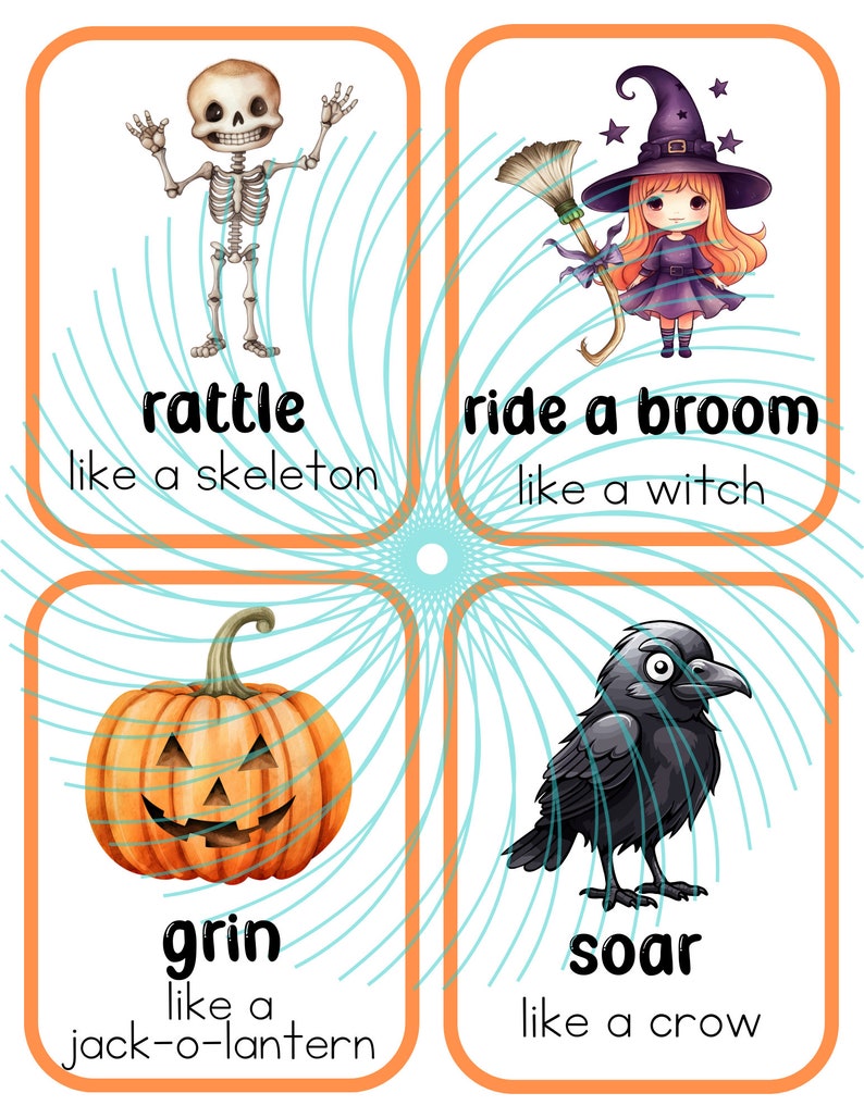 Puede incluir: Cuatro tarjetas ilustradas con temas de Halloween. La primera tarjeta muestra un esqueleto que se sacude, la segunda tarjeta muestra una bruja montando una escoba, la tercera tarjeta muestra una calabaza sonriendo y la cuarta tarjeta muestra un cuervo volando.
