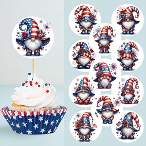 May include: Twelve round cupcake toppers featuring gnomes wearing red, white, and blue hats with stars and stripes. The gnomes are holding American flags and fireworks. The toppers are perfect for a 4th of July party.