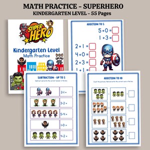 May include: A collection of superhero-themed maths practice sheets for kindergarten. The cover reads "MATH PRACTICE - SUPERHERO" and "Kindergarten Level - 55 Pages." Includes addition and subtraction problems with superhero illustrations.