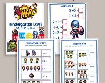 Superhero Math Practice - 55 sheets for basic addition and subtraction, Preschool, homeschool,