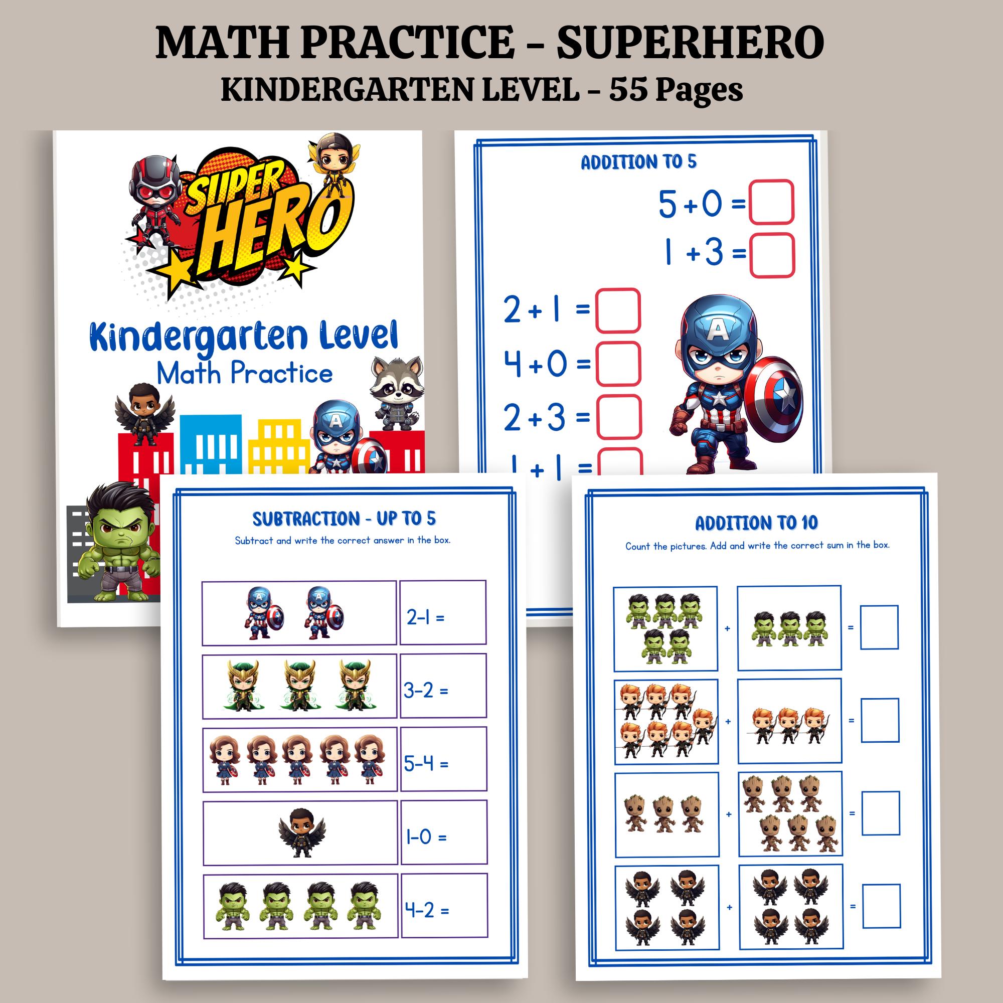 Superhero Math Practice - 55 Sheets for Basic Addition and Subtraction ...