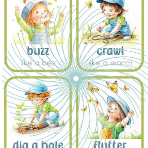 Puede incluir: Cuatro ilustraciones coloridas de ni&ntilde;os realizando acciones con texto que describe la acci&oacute;n. La primera ilustraci&oacute;n muestra a un ni&ntilde;o mirando hacia arriba a las abejas con el texto "buzz like a bee". La segunda ilustraci&oacute;n muestra a un ni&ntilde;o arrastr&aacute;ndose con el texto "crawl like a worm". La tercera ilustraci&oacute;n muestra a un ni&ntilde;o cavando un agujero con el texto "dig a hole for a plant". La cuarta ilustraci&oacute;n muestra a un ni&ntilde;o mirando hacia arriba a las mariposas con el texto "flutter like a butterfly".