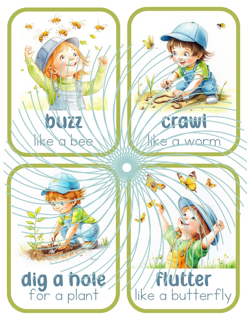 Puede incluir: Cuatro ilustraciones coloridas de ni&ntilde;os realizando acciones con texto que describe la acci&oacute;n. La primera ilustraci&oacute;n muestra a un ni&ntilde;o mirando hacia arriba a las abejas con el texto "buzz like a bee". La segunda ilustraci&oacute;n muestra a un ni&ntilde;o arrastr&aacute;ndose con el texto "crawl like a worm". La tercera ilustraci&oacute;n muestra a un ni&ntilde;o cavando un agujero con el texto "dig a hole for a plant". La cuarta ilustraci&oacute;n muestra a un ni&ntilde;o mirando hacia arriba a las mariposas con el texto "flutter like a butterfly".