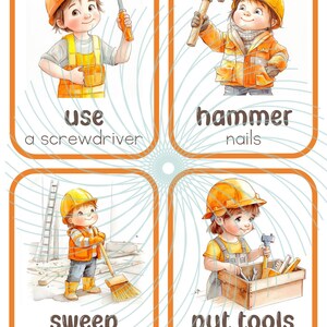Puede incluir: Cuatro tarjetas ilustradas con un tema de trabajador de la construcci&oacute;n. Cada tarjeta presenta una tarea diferente: usar un destornillador, martillar clavos, barrer el desorden y guardar las herramientas en una caja de herramientas.