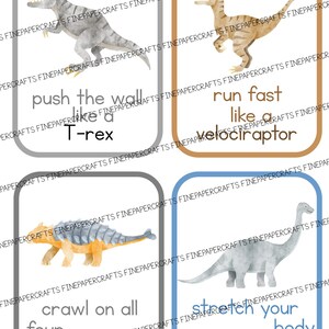 Puede incluir: Cuatro tarjetas ilustradas con diferentes dinosaurios con instrucciones sobre c&oacute;mo moverse como ellos. Las tarjetas son grises, marrones, azules y gris claro con texto blanco. El texto en las tarjetas dice: "push the wall like a T-rex", "run fast like a velociraptor", "crawl on all four ankylosaurus", y "stretch your body brachiosaurus".