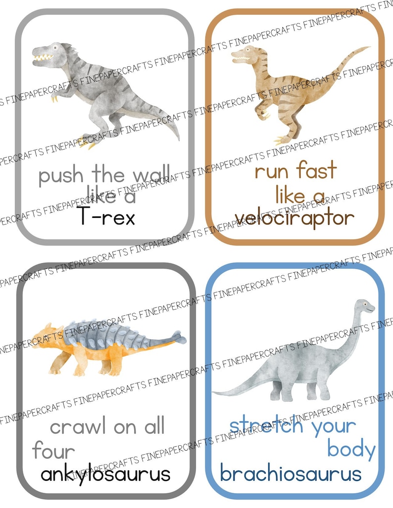 Puede incluir: Cuatro tarjetas ilustradas con diferentes dinosaurios con instrucciones sobre c&oacute;mo moverse como ellos. Las tarjetas son grises, marrones, azules y gris claro con texto blanco. El texto en las tarjetas dice: "push the wall like a T-rex", "run fast like a velociraptor", "crawl on all four ankylosaurus", y "stretch your body brachiosaurus".