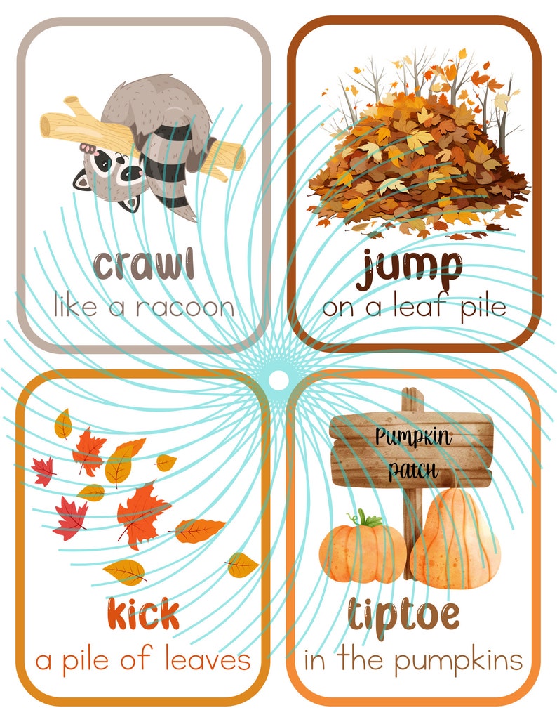 Puede incluir: Cuatro tarjetas ilustradas con actividades de oto&ntilde;o. La primera tarjeta muestra un mapache arrastr&aacute;ndose por una rama con el texto "crawl like a raccoon". La segunda tarjeta muestra una pila de hojas con el texto "jump on a leaf pile". La tercera tarjeta muestra una pila de hojas con el texto "kick a pile of leaves". La cuarta tarjeta muestra dos calabazas con un cartel que dice "Pumpkin patch" y el texto "tiptoe in the pumpkins".