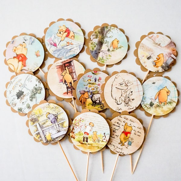 Winnie the Pooh Vintage 12 Cupcake Toppers, Cupcake Flags, Cupcake Toothpick Party Decor