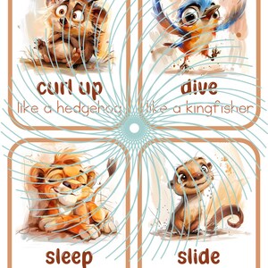 May include: Four illustrated cards with animals and verbs. The first card shows a hedgehog curled up with the text "curl up like a hedgehog". The second card shows a blue bird diving with the text "dive like a kingfisher". The third card shows a lion sleeping with the text "sleep like a lion". The fourth card shows an otter sliding with the text "slide like an otter".