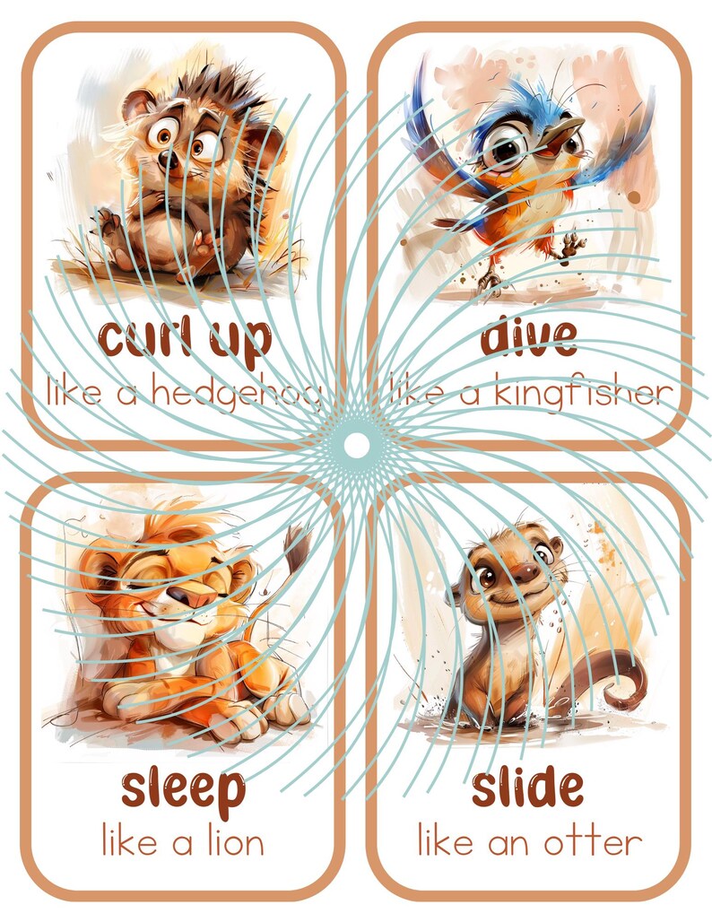May include: Four illustrated cards with animals and verbs. The first card shows a hedgehog curled up with the text "curl up like a hedgehog". The second card shows a blue bird diving with the text "dive like a kingfisher". The third card shows a lion sleeping with the text "sleep like a lion". The fourth card shows an otter sliding with the text "slide like an otter".