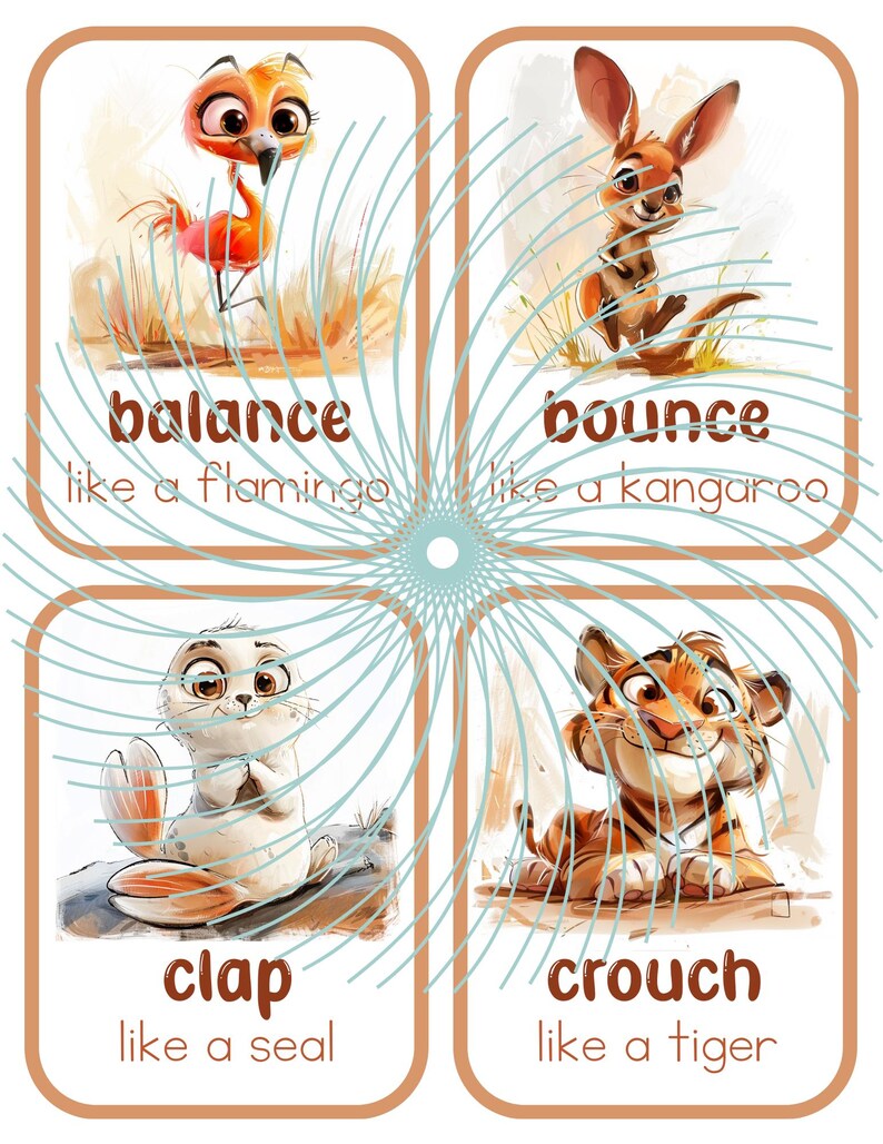 May include: Four illustrated cards with animals demonstrating different actions. The first card shows a flamingo balancing on one leg with the text "balance like a flamingo". The second card shows a kangaroo bouncing with the text "bounce like a kangaroo". The third card shows a seal clapping with the text "clap like a seal". The fourth card shows a tiger crouching with the text "crouch like a tiger".