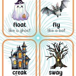 Puede incluir: Cuatro tarjetas ilustradas con temas de Halloween. Cada tarjeta presenta una imagen diferente y una palabra que describe un movimiento. La primera tarjeta muestra un fantasma con una calabaza y la palabra "flotar" con el texto "como un fantasma". La segunda tarjeta muestra un murci&eacute;lago y la palabra "volar" con el texto "como un murci&eacute;lago". La tercera tarjeta muestra una casa encantada y la palabra "crujir" con el texto "como una casa encantada". La cuarta tarjeta muestra un &aacute;rbol con una cara y la palabra "balancearse" con el texto "como un &aacute;rbol".