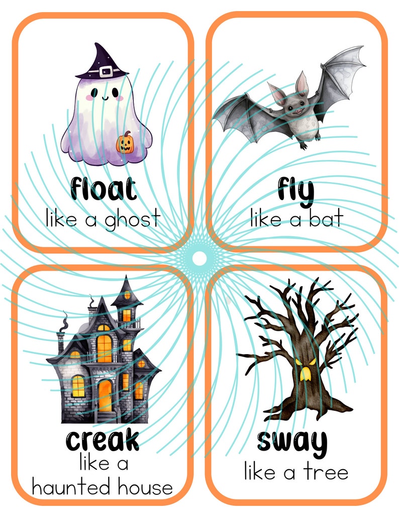 Puede incluir: Cuatro tarjetas ilustradas con temas de Halloween. Cada tarjeta presenta una imagen diferente y una palabra que describe un movimiento. La primera tarjeta muestra un fantasma con una calabaza y la palabra "flotar" con el texto "como un fantasma". La segunda tarjeta muestra un murci&eacute;lago y la palabra "volar" con el texto "como un murci&eacute;lago". La tercera tarjeta muestra una casa encantada y la palabra "crujir" con el texto "como una casa encantada". La cuarta tarjeta muestra un &aacute;rbol con una cara y la palabra "balancearse" con el texto "como un &aacute;rbol".