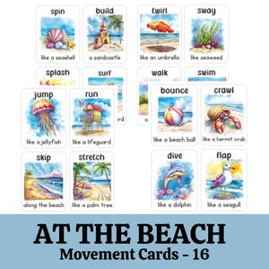 Movement Cards At the Beach Themed for Toddlers and Preschool, busy activities, fun and games, fitness Digital