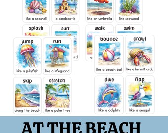 Movement Cards At the Beach Themed for Toddlers and Preschool, busy activities, fun and games, fitness Digital