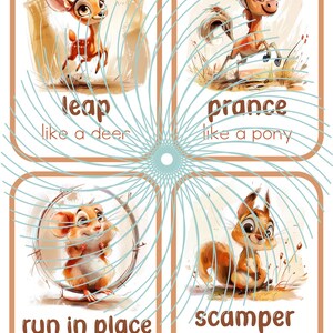 May include: Four illustrated cards with animals and action words. A deer leaps, a pony prances, a hamster runs in place, and a squirrel scampers.