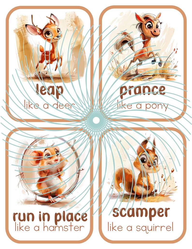 May include: Four illustrated cards with animals and action words. A deer leaps, a pony prances, a hamster runs in place, and a squirrel scampers.