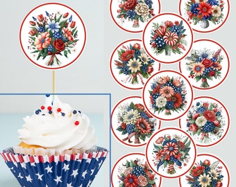 Cupcake Toppers 4th of July Independence Day, The Fourth -   DIY Printable Digital File, Flowers, Patriotic flags