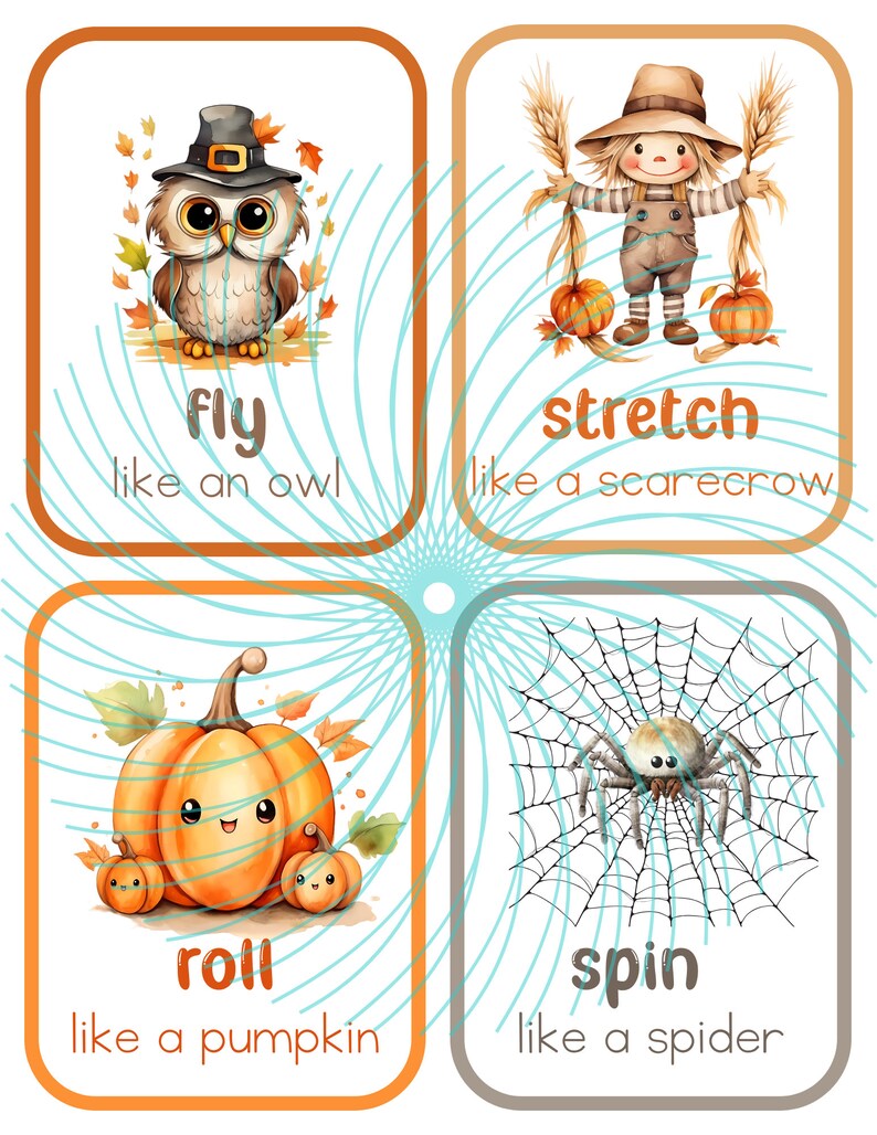 Puede incluir: Cuatro tarjetas ilustradas con temas de oto&ntilde;o. La primera tarjeta muestra un b&uacute;ho con un sombrero de peregrino y el texto "fly like an owl". La segunda tarjeta muestra un espantap&aacute;jaros con el texto "stretch like a scarecrow". La tercera tarjeta muestra una calabaza con el texto "roll like a pumpkin". La cuarta tarjeta muestra una ara&ntilde;a en una telara&ntilde;a con el texto "spin like a spider".