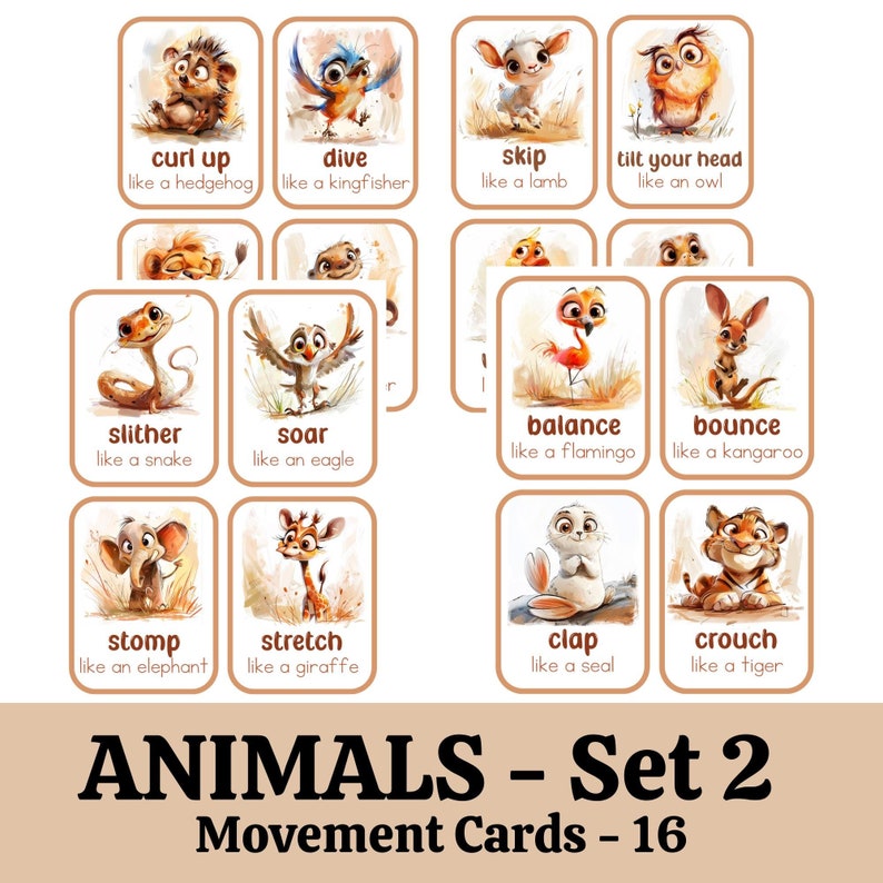 May include: Set of 16 illustrated animal movement cards. Each card features a cartoon animal and a verb describing how it moves, such as "curl up like a hedgehog" or "bounce like a kangaroo".