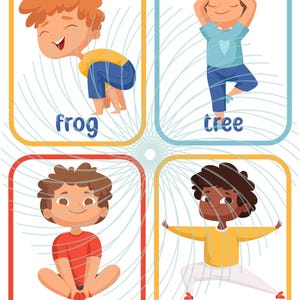 Pode incluir: Quatro cartas ilustradas com crian&ccedil;as realizando poses de yoga. Cada carta mostra uma pose diferente com seu nome: sapo, &aacute;rvore, borboleta e guerreiro II.