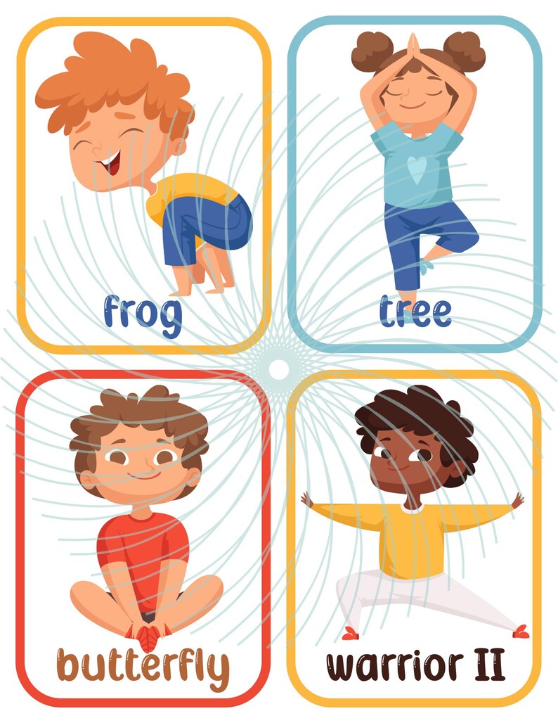 Pode incluir: Quatro cartas ilustradas com crian&ccedil;as realizando poses de yoga. Cada carta mostra uma pose diferente com seu nome: sapo, &aacute;rvore, borboleta e guerreiro II.