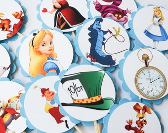 Alice in Wonderland Cupcake Toppers, Cupcake Flags, Cupcake Toothpick Party Decor, Madhatter, rabbit