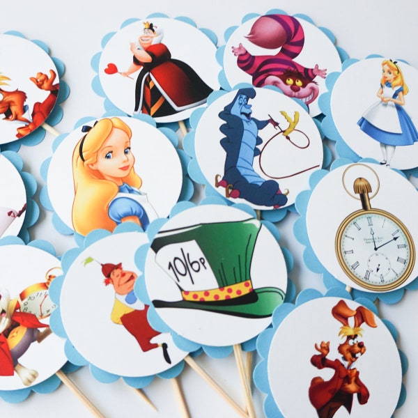 Alice in Wonderland Cupcake Toppers, Cupcake Flags, Cupcake Toothpick Party Decor, Madhatter, rabbit