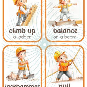 Puede incluir: Cuatro tarjetas ilustradas con un trabajador de la construcci&oacute;n de dibujos animados. Cada tarjeta muestra una acci&oacute;n diferente: subir una escalera, mantener el equilibrio sobre una viga, martillar el hormig&oacute;n y tirar de una cuerda.