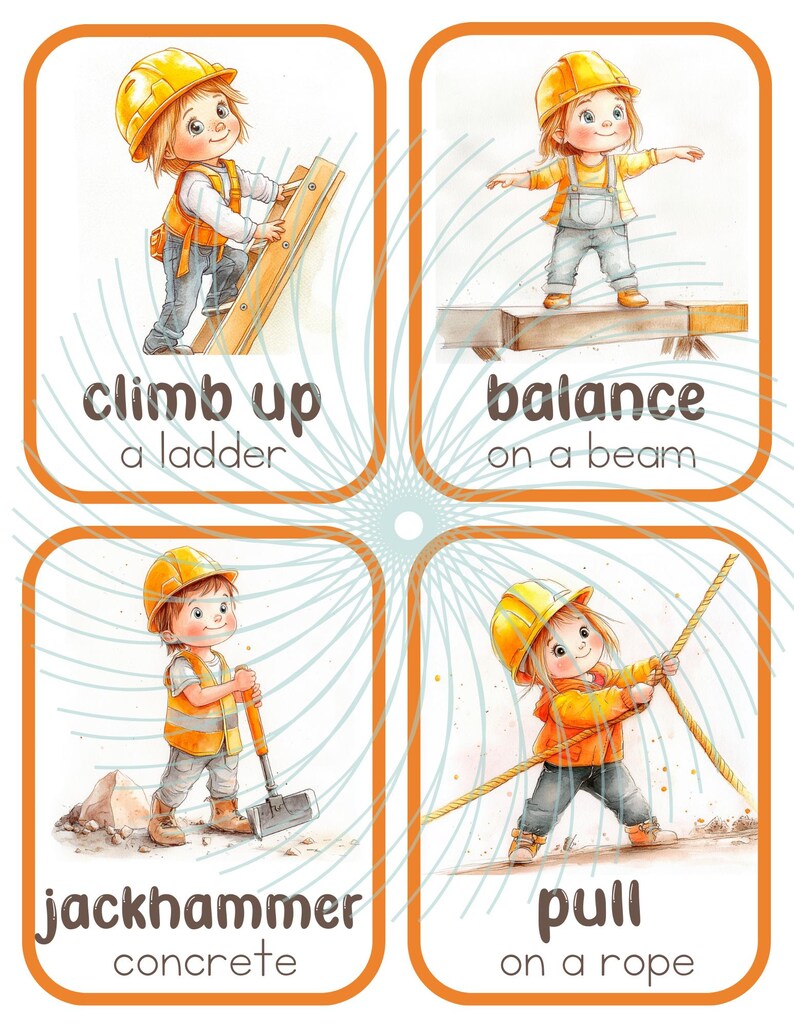 Puede incluir: Cuatro tarjetas ilustradas con un trabajador de la construcci&oacute;n de dibujos animados. Cada tarjeta muestra una acci&oacute;n diferente: subir una escalera, mantener el equilibrio sobre una viga, martillar el hormig&oacute;n y tirar de una cuerda.