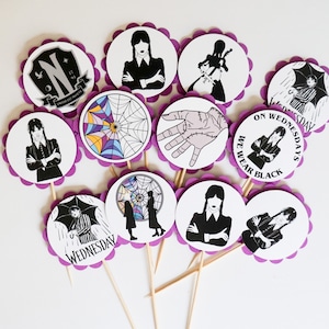WEDNESDAY Cupcake Toppers 12 or Candied Apple Toppers - Adorable for any Occasion, Birthday, Baby Shower Addams Family