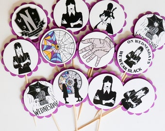 WEDNESDAY Cupcake Toppers 12 or Candied Apple Toppers - Adorable for any Occasion, Birthday, Baby Shower Addams Family