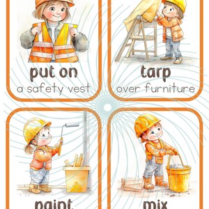 Puede incluir: Cuatro tarjetas ilustradas con un tema de trabajador de la construcci&oacute;n. Cada tarjeta muestra a un trabajador con casco y chaleco de seguridad realizando una tarea diferente. La primera tarjeta muestra a un trabajador poni&eacute;ndose un chaleco de seguridad. La segunda tarjeta muestra a un trabajador colocando una lona sobre los muebles. La tercera tarjeta muestra a un trabajador pintando paredes. La cuarta tarjeta muestra a un trabajador mezclando cemento.
