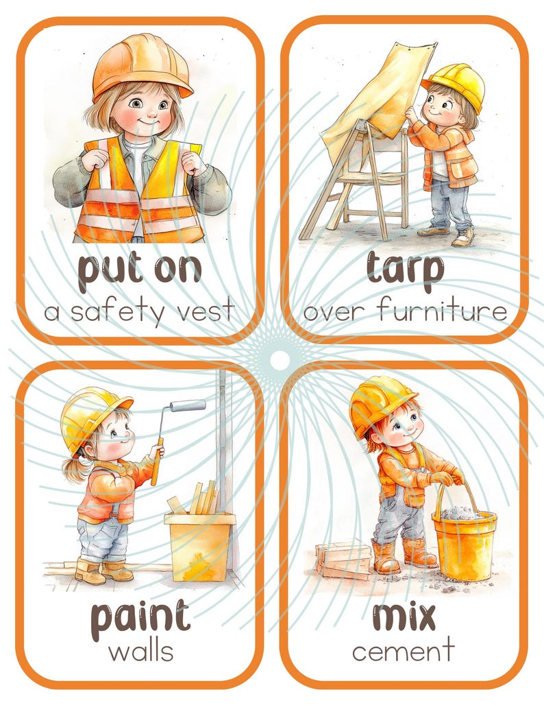 Puede incluir: Cuatro tarjetas ilustradas con un tema de trabajador de la construcci&oacute;n. Cada tarjeta muestra a un trabajador con casco y chaleco de seguridad realizando una tarea diferente. La primera tarjeta muestra a un trabajador poni&eacute;ndose un chaleco de seguridad. La segunda tarjeta muestra a un trabajador colocando una lona sobre los muebles. La tercera tarjeta muestra a un trabajador pintando paredes. La cuarta tarjeta muestra a un trabajador mezclando cemento.