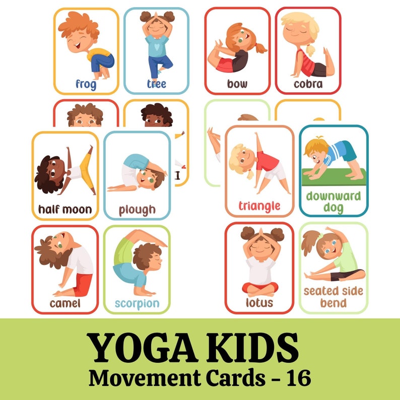 Pode incluir: Um conjunto de 16 cartas ilustradas coloridas com crian&ccedil;as fazendo diferentes poses de yoga. Cada carta tem o nome da pose escrito abaixo da ilustra&ccedil;&atilde;o. As cartas s&atilde;o intituladas "Yoga Kids Movement Cards - 16".