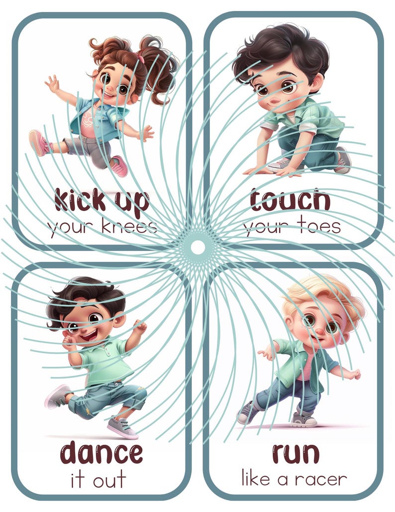 May include: Four illustrated cards with children demonstrating different actions. The cards have a blue and white swirl design. The first card shows a girl kicking her knees up in the air and says "kick up your knees". The second card shows a boy touching his toes and says "touch your toes". The third card shows a boy dancing and says "dance it out". The fourth card shows a boy running and says "run like a racer".