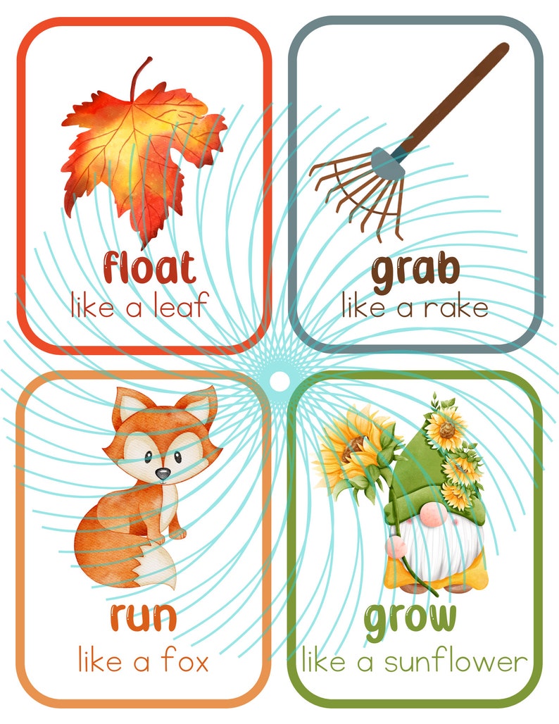 Puede incluir: Cuatro tarjetas coloridas con ilustraciones y texto. La primera tarjeta es naranja y presenta una hoja roja, naranja y amarilla con el texto "flotar como una hoja". La segunda tarjeta es gris y presenta un rastrillo marr&oacute;n con el texto "agarrar como un rastrillo". La tercera tarjeta es naranja y presenta un zorro rojo con el texto "correr como un zorro". La cuarta tarjeta es verde y presenta un gnomo sosteniendo un girasol con el texto "crecer como un girasol".