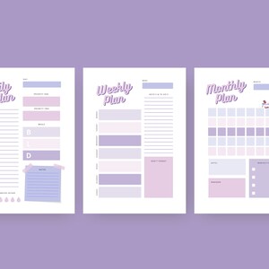 May include: Three printable planner pages with a purple and white color scheme. The first page is a daily planner with a section for priority tasks, a to-do list, and a note section. The second page is a weekly planner with sections for goals, to-do lists, and a don't forget section. The third page is a monthly planner with a calendar grid, a notes section, and a monthly goals section.