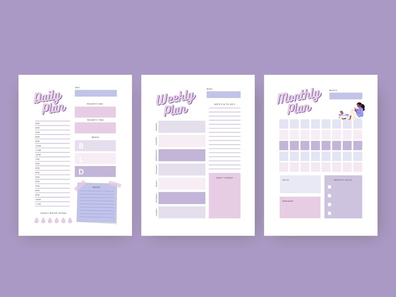 May include: Three printable planner pages with a purple and white color scheme. The first page is a daily planner with a section for priority tasks, a to-do list, and a note section. The second page is a weekly planner with sections for goals, to-do lists, and a don't forget section. The third page is a monthly planner with a calendar grid, a notes section, and a monthly goals section.