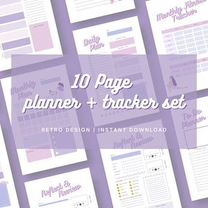 May include: A set of 10 printable planner and tracker pages in a retro design. The pages feature a purple and white color scheme with illustrations of women. The pages include a daily plan, monthly plan, monthly fitness tracker, to-do planner, and reflect and review pages.