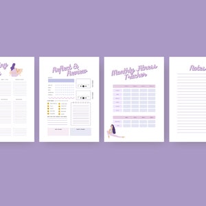 May include: Four printable planner pages with illustrations of women. The pages are titled "Shopping List", "Reflect & Review", "Monthly Fitness Tracker", and "Notes".