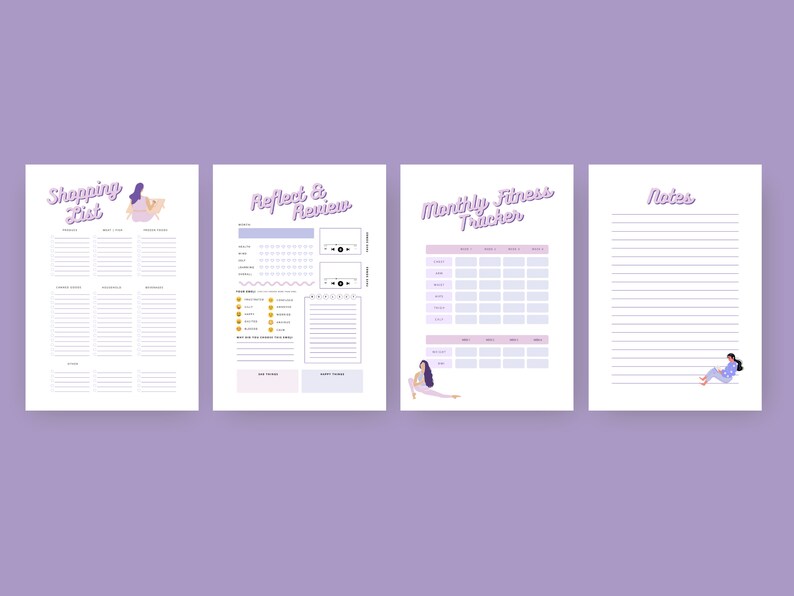 May include: Four printable planner pages with illustrations of women. The pages are titled "Shopping List", "Reflect & Review", "Monthly Fitness Tracker", and "Notes".